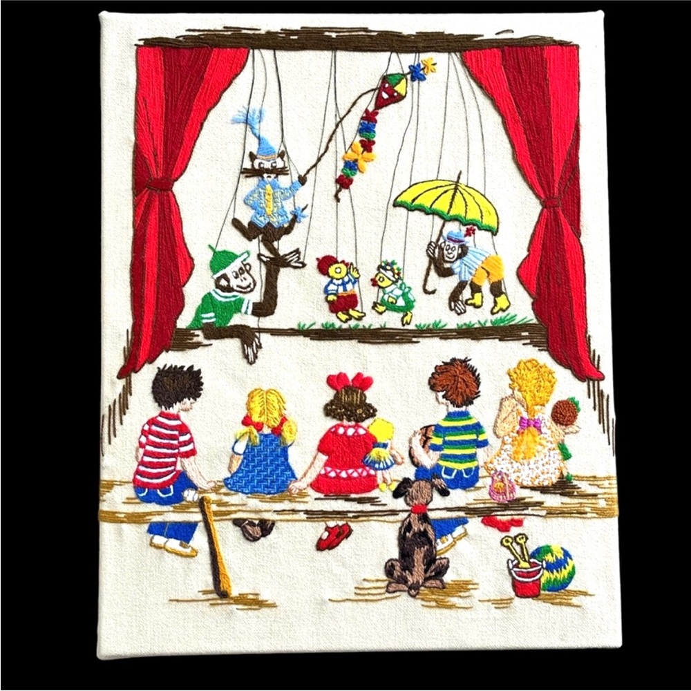 Vintage Colorful Embroidered puppet Scene Canvas wall hanging.